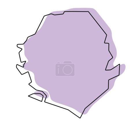 Sierra Leone Land vereinfachte Karte. Violette Silhouette mit dünnen schwarzen, glatten Konturen, isoliert auf weißem Hintergrund. Einfaches Vektorsymbol