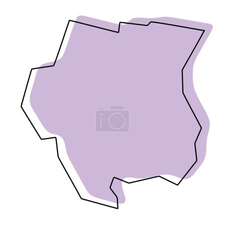 Carte simplifiée du Suriname. Silhouette violette avec contour lisse noir fin isolé sur fond blanc. Icône vectorielle simple