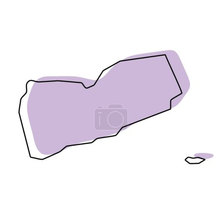 Yemen país mapa simplificado. Silueta violeta con contorno fino liso negro aislado sobre fondo blanco. Icono de vector simple