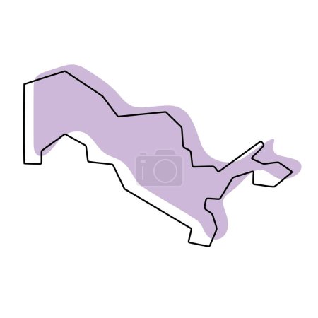 Carte simplifiée du pays Ouzbékistan. Silhouette violette avec contour lisse noir fin isolé sur fond blanc. Icône vectorielle simple