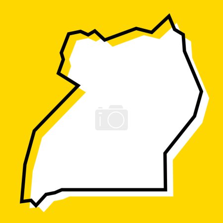 Uganda Land vereinfachte Karte. Weiße Silhouette mit dicker schwarzer Kontur auf gelbem Hintergrund. Einfaches Vektorsymbol