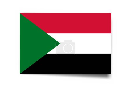 Drapeau Soudan - carte rectangle avec ombre portée isolée sur fond blanc.