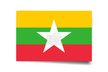 Bandera de Myanmar - tarjeta rectángulo con sombra caída aislada sobre fondo blanco.