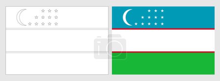 Usbekistan Flagge - Malvorlage. Set aus weißem Drahtgestell, dünner schwarzer Umrissfahne und original farbiger Flagge.