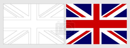 United Kingdom of Great Britain and Northern Ireland flag - coloring page. Set of white wireframe thin black outline flag and original colored flag.