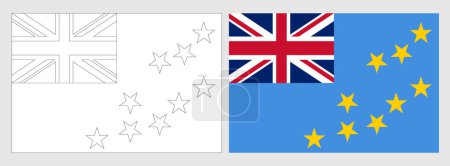Tuvalu flag - coloring page. Set of white wireframe thin black outline flag and original colored flag.