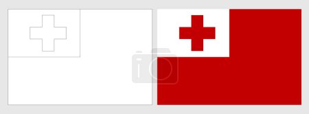Tonga Flagge - Malvorlage. Set aus weißem Drahtgestell, dünner schwarzer Umrissfahne und original farbiger Flagge.