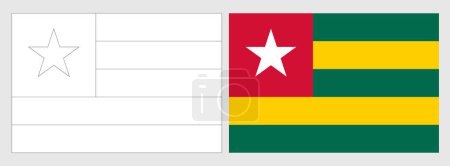 Togo flag - coloring page. Set of white wireframe thin black outline flag and original colored flag.