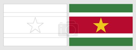 Suriname flag - coloring page. Set of white wireframe thin black outline flag and original colored flag.