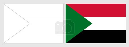 Sudan flag - coloring page. Set of white wireframe thin black outline flag and original colored flag.