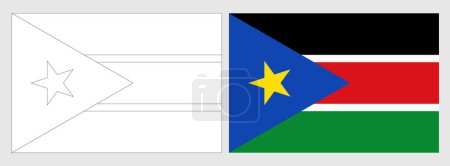 South Sudan flag - coloring page. Set of white wireframe thin black outline flag and original colored flag.