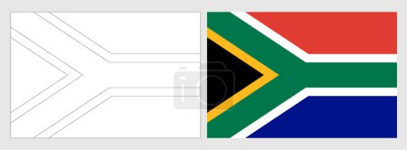 Südafrika Flagge - Malvorlage. Set aus weißem Drahtgestell, dünner schwarzer Umrissfahne und original farbiger Flagge.