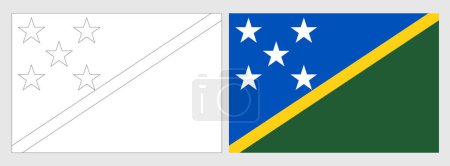 Solomon Islands flag - coloring page. Set of white wireframe thin black outline flag and original colored flag.