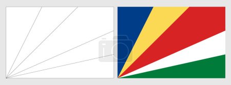 Flagge der Seychellen - Malvorlage. Set aus weißem Drahtgestell, dünner schwarzer Umrissfahne und original farbiger Flagge.