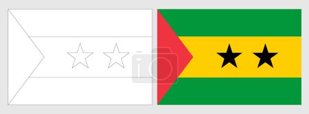Flagge von Sao Tome und Principe - Malvorlage. Set aus weißem Drahtgestell, dünner schwarzer Umrissfahne und original farbiger Flagge.