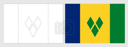 Bandera de San Vicente y las Granadinas - página para colorear. Conjunto de marco de alambre blanco delgada bandera de contorno negro y bandera de color original.