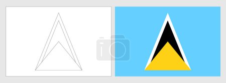 Saint Lucia flag - coloring page. Set of white wireframe thin black outline flag and original colored flag.