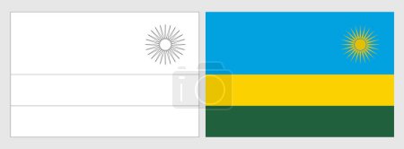 Ruanda Flagge - Malvorlage. Set aus weißem Drahtgestell, dünner schwarzer Umrissfahne und original farbiger Flagge.