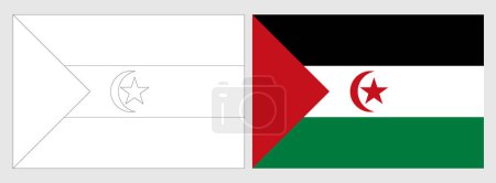 Bandera de la República Árabe Saharaui Democrática - página para colorear. Conjunto de marco de alambre blanco delgada bandera de contorno negro y bandera de color original.