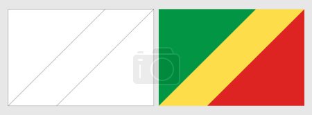 Flagge der Republik Kongo - Malvorlage. Set aus weißem Drahtgestell, dünner schwarzer Umrissfahne und original farbiger Flagge.