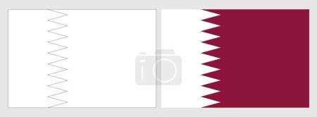 Qatar flag - coloring page. Set of white wireframe thin black outline flag and original colored flag.