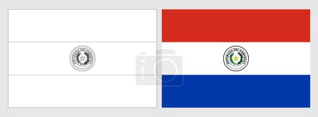 Bandera de Paraguay - página para colorear. Conjunto de marco de alambre blanco delgada bandera de contorno negro y bandera de color original.