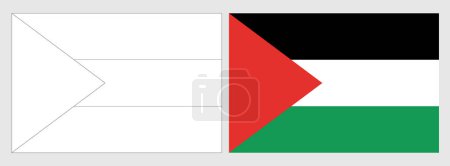 Palestine flag - coloring page. Set of white wireframe thin black outline flag and original colored flag.