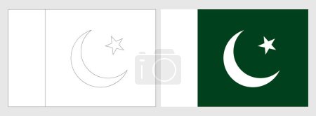 Pakistanische Flagge - Malvorlage. Set aus weißem Drahtgestell, dünner schwarzer Umrissfahne und original farbiger Flagge.