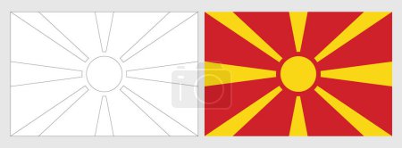Bandera de Macedonia del Norte - página para colorear. Conjunto de marco de alambre blanco delgada bandera de contorno negro y bandera de color original.