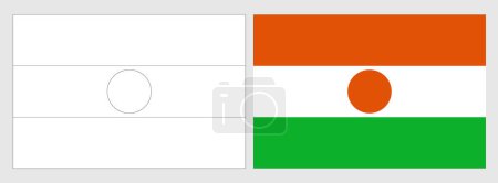 Drapeau Niger - page à colorier. Ensemble de drapeau de contour noir mince wireframe blanc et drapeau coloré original.
