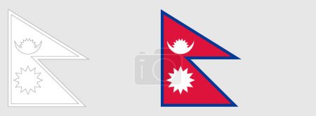 Bandera de Nepal - página para colorear. Conjunto de marco de alambre blanco delgada bandera de contorno negro y bandera de color original.