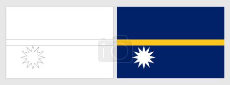 Nauru flag - coloring page. Set of white wireframe thin black outline flag and original colored flag.