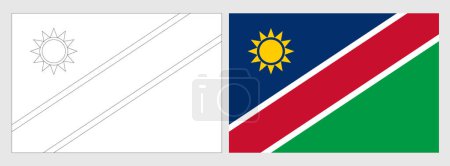 Namibia flag - coloring page. Set of white wireframe thin black outline flag and original colored flag.
