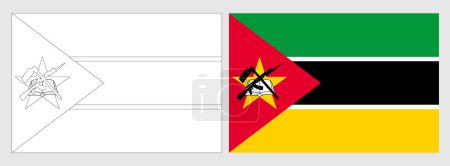 Mozambique flag - coloring page. Set of white wireframe thin black outline flag and original colored flag.