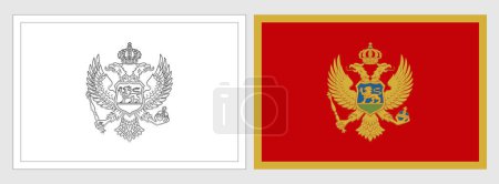 Montenegro flag - coloring page. Set of white wireframe thin black outline flag and original colored flag.