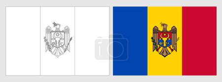 Moldova flag - coloring page. Set of white wireframe thin black outline flag and original colored flag.