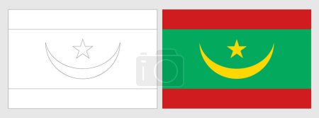 Mauretanien Flagge - Malvorlage. Set aus weißem Drahtgestell, dünner schwarzer Umrissfahne und original farbiger Flagge.