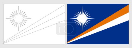 Flagge der Marshallinseln - Malvorlage. Set aus weißem Drahtgestell, dünner schwarzer Umrissfahne und original farbiger Flagge.
