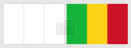 Mali Flagge - Malvorlage. Set aus weißem Drahtgestell, dünner schwarzer Umrissfahne und original farbiger Flagge.