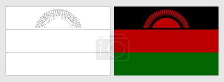 Malawi Flagge - Malvorlage. Set aus weißem Drahtgestell, dünner schwarzer Umrissfahne und original farbiger Flagge.