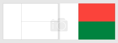 Madagascar flag - coloring page. Set of white wireframe thin black outline flag and original colored flag.