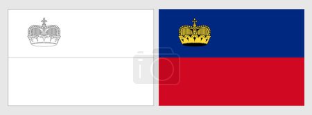 Liechtenstein Flagge - Malvorlage. Set aus weißem Drahtgestell, dünner schwarzer Umrissfahne und original farbiger Flagge.