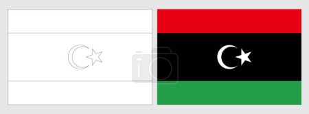 Pavillon Libye - page à colorier. Ensemble de drapeau de contour noir mince wireframe blanc et drapeau coloré original.