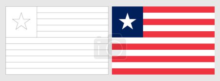 Liberia Flagge - Malvorlage. Set aus weißem Drahtgestell, dünner schwarzer Umrissfahne und original farbiger Flagge.
