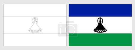 Bandera de Lesotho - página para colorear. Conjunto de marco de alambre blanco delgada bandera de contorno negro y bandera de color original.