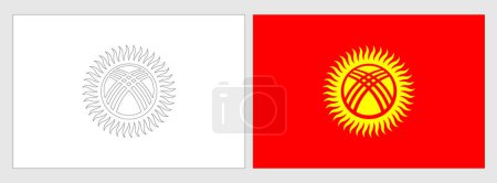 Kirgisische Flagge - Malvorlage. Set aus weißem Drahtgestell, dünner schwarzer Umrissfahne und original farbiger Flagge.
