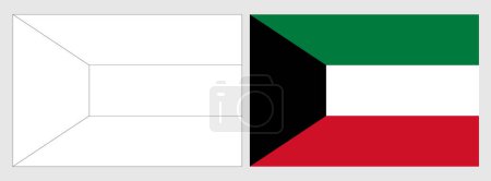 Bandera de Kuwait - página para colorear. Conjunto de marco de alambre blanco delgada bandera de contorno negro y bandera de color original.