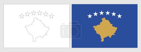 Kosovo flag - coloring page. Set of white wireframe thin black outline flag and original colored flag.