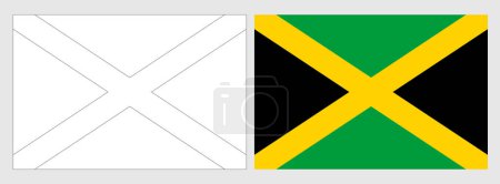 Jamaica flag - coloring page. Set of white wireframe thin black outline flag and original colored flag.