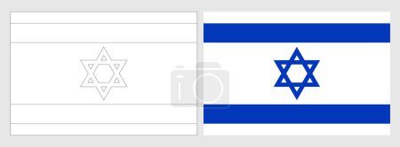 Israel flag - coloring page. Set of white wireframe thin black outline flag and original colored flag.